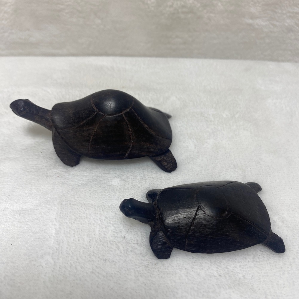 Set of Two Wooden Momma & Baby Turtles Figurines Hand Carved Dark Wood Farm